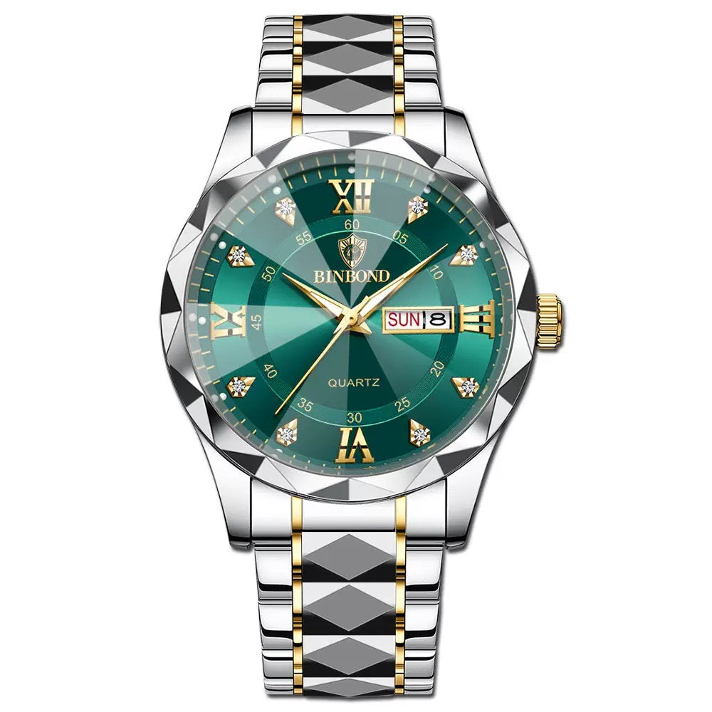 BINBOND™ Men's Luminous Waterproof Quartz Watch with Steel Bracelet & Date